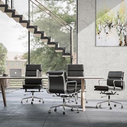 Image of Genuine Leather Office Chair, Padded Mid Back Ergonomic Executive Desk Chair with Aluminum Arm Rest and Base, Swivel Wheels with Lumbar Support & Tilting Function, Hight Adjustable, Black