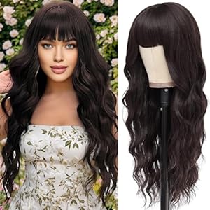 MERISIHAIR Long Brown Wigs for Women Wavy Dark Brown Middle Part Hair Replacement Wigs Natural Curly Synthetic Resistant Fiber Wigs for Women Daily Party Use 26 Inches