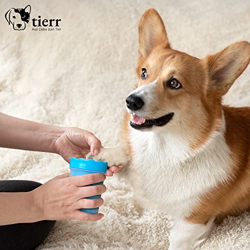 tierr Pfotenreiniger für Hunde | Entfernt Schmutz von Hundepfoten | Gründliche Reinigung mit weicher Bürste | spülmaschinenfest (Blau, Größe M + Krallenschere)