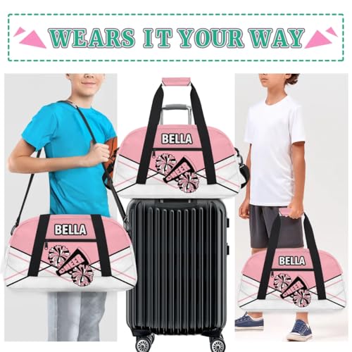 Custom Name Cheerleader Gym Bag for Kids Girls,Personalized Dance Sport Duffel Gymnastics Bag Travel Weekender Outdoor Tote Carry-On Bag,Light Pink and White 6