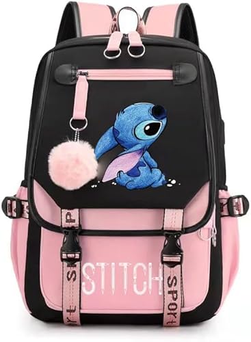 Genérico Mochila Escolar Feminina Stitch, Daypack, Rosa, 46cm, 16L, Compartimento USB