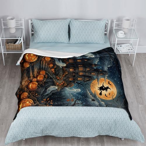 Couverture maison hantée Halloween en peluche orange pour canapé et lit de 152 x 203 cm