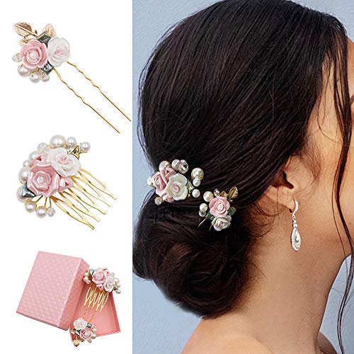 SnailGarden Wedding Hair Accessories-Wedding Hair Comb+Bridal Hair Pin, Pearl & Floral Gold Handmade Hair Pin Headpiece Leaf Hair Piece for Brides and Bridesmaid