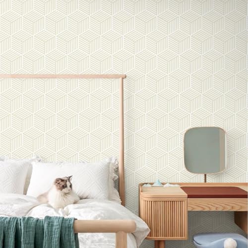 Rugreat Modern Wallpaper Peel and Stick Geometric Contact Paper Boho for Cabinets Striped Contact Paper Beige and White Removable Self Adhesive Wallpaper for Bathroom Waterproof Hexagon 17.3''×197'' by Rugreat - Image 7