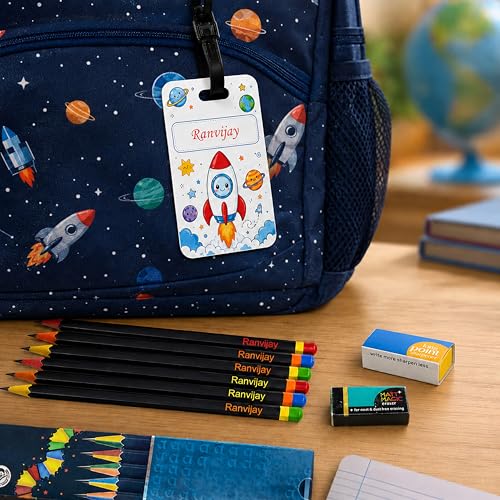 Image of SAVRI Personalized Pencil Set with Name for Kids (10 Pcs) | Customized Name Engraved Pencils with Name Tag, Sharpener & Eraser | Stationery Gift for Boys Girls | Birthday Return Gift for Kids