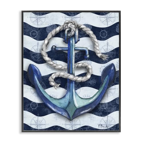Nautical Anchor Wavy Navy Stripes, 24 x 30 Inch Framed Giclée Print