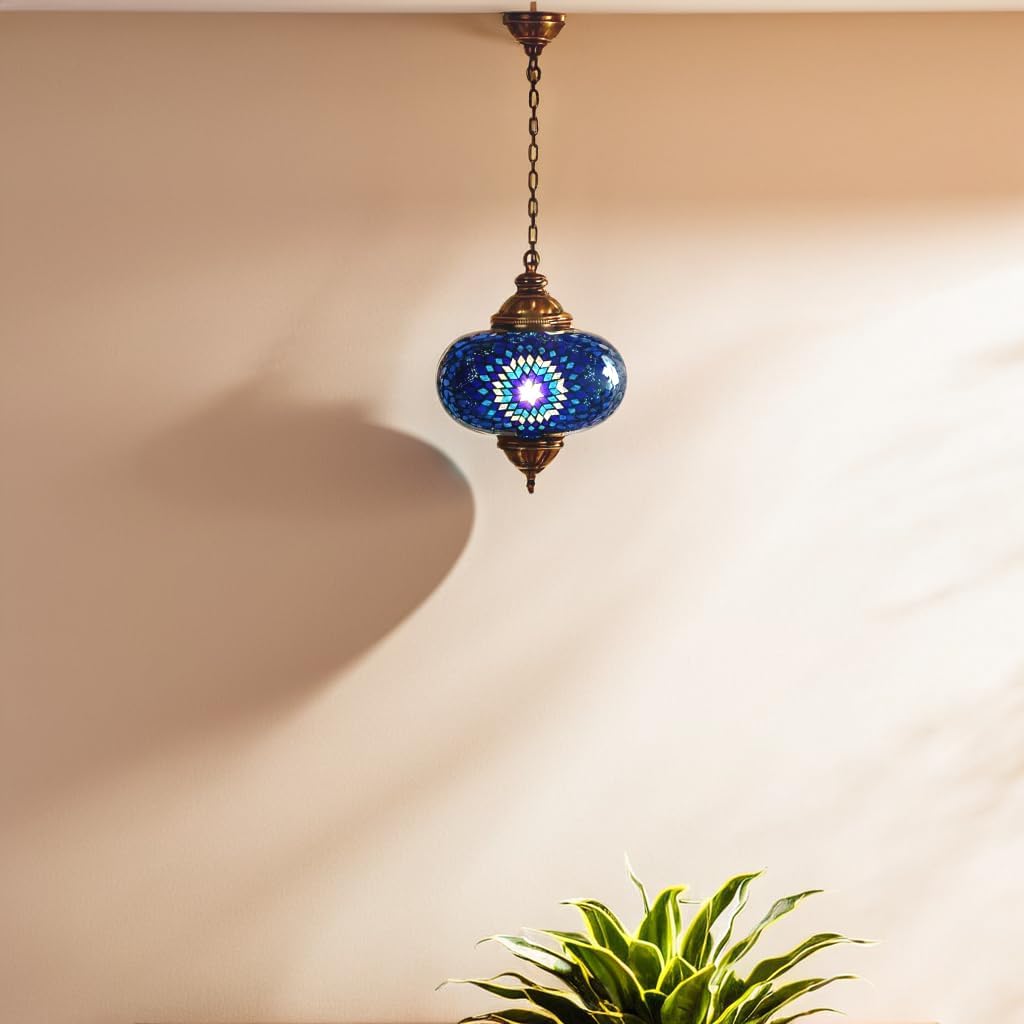 Handmade, Authentic, Mosaic Chandelier, Tiffany Style Glass, Moroccan/Ottoman Style Night Lights (Gold and Blue, Single Globe)