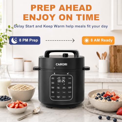 Image of CARORI 6 Qt Electric Pressure Cooker, 9-in-1 Multi-Cooker with 2 Inner Pots, 6 Qt Stainless Steel Pot and 5 Qt Ceramic Nonstick Pot, 12 Presets, IMD Touchscreen, Black