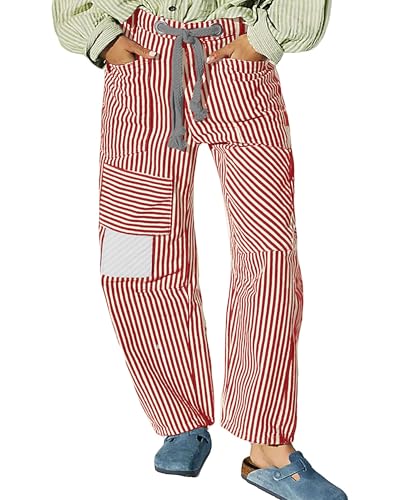 Women Striped Patchwork Jeans High Waist Drawstring Baggy Barrel Wide Leg Denim Pants Casual Trousers with Pockets