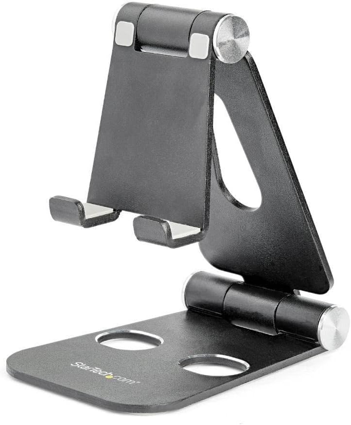 StarTech.com Phone and Tablet Stand – Foldable Universal Mobile Device Holder for Smartphones & Tablets – Adjustable Multi-Angle Ergonomic Cell Phone Stand for Desk – Portable – Black (USPTLSTNDB)
