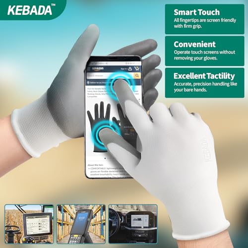 Image of Kebada W1 Work Gloves for Men and Women, 12 Pairs Touchscreen Safety Gloves with Grip, PU-Coated, Ideal for Light & Medium Duty Tasks, White, Large