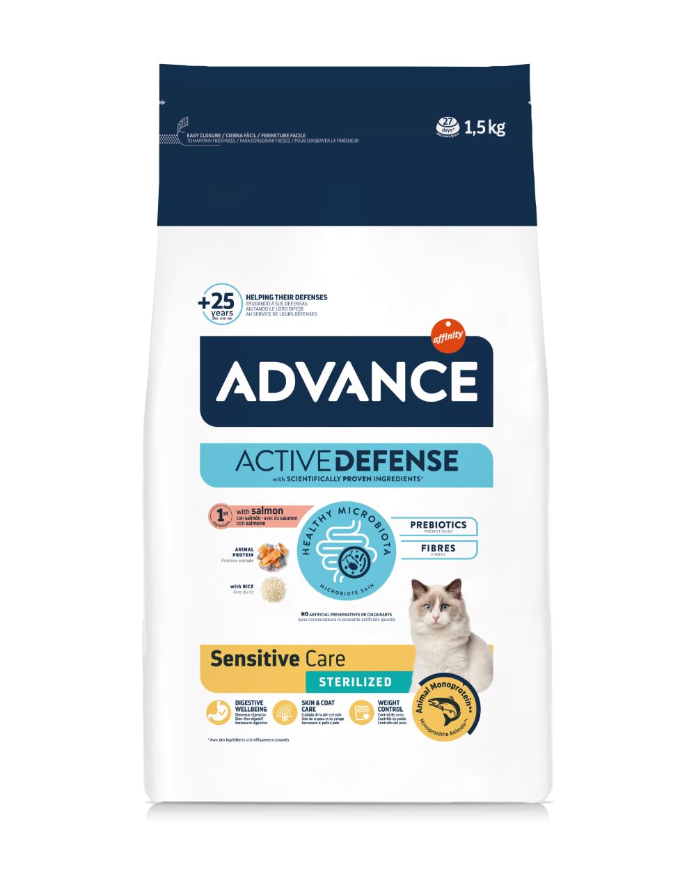 ADVANCE Gatto SENSITIVE CARE STERILIZED | alimento dietetico completo per gatti adulti sterilizzati, per aiutare la digestione, 1 confezione da 1,5kg.