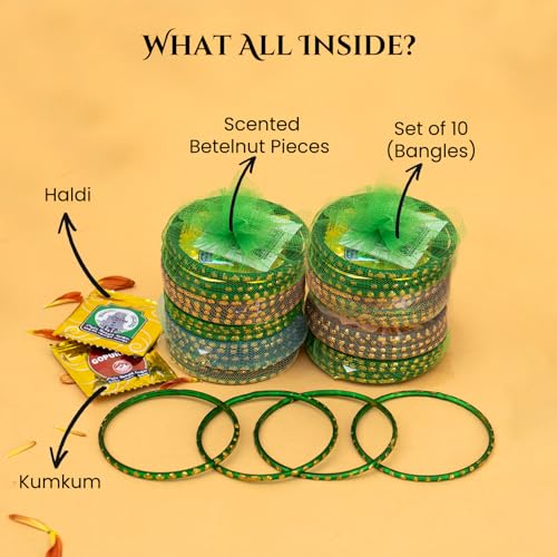 Image of Ekhasa Haldi Kumkum Return Gifts Set of 10 - Pasupu Kumkuma /Manjal Kumkum Packets with Bangles | Traditional Pooja Return Gift for Ladies | Haldi Kunku Gift for Navratri, Varalakshmi Vratham