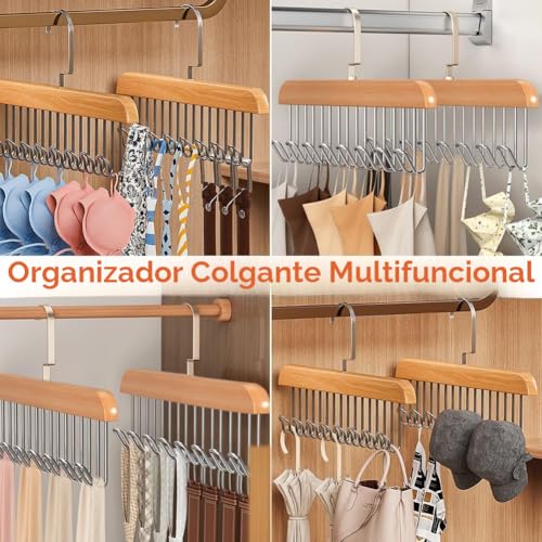 Miniatura 6 de Soporte Para Cinturón Para Armario, 2 Perchas De Madera Con 8 Ganchos, Giratorio De 360 Grados, Soporte Para Corbatas, Ahorro De Espacio, Organizador De Armario, Almacenamiento Para Bufandas