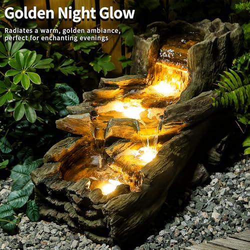 Image of Sunlinua 34.5 inch L Garden Outdoor Water Fountain, Floor Standing Wood Imitation Resin Natural Waterfall Fountains with LED Lights for Patio, Porch, Home Art Decor