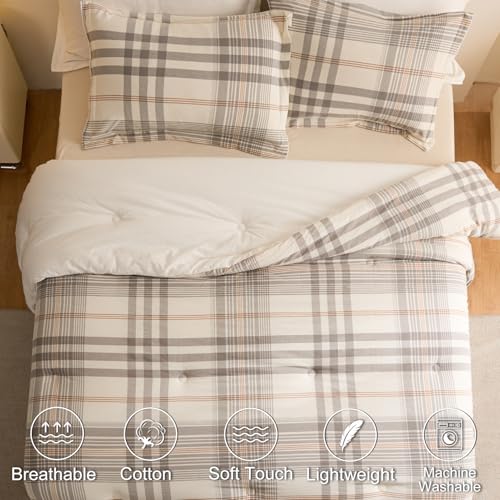 Image of 100% Cotton Comforter Set Full Size - Reversible Yarn-Dyed Checkered Design, Soft Washed Cotton on Both Sides, Lightweight All-Season Bedding, Machine Washable(Grey White Plaid, 80 inchx90 inch)
