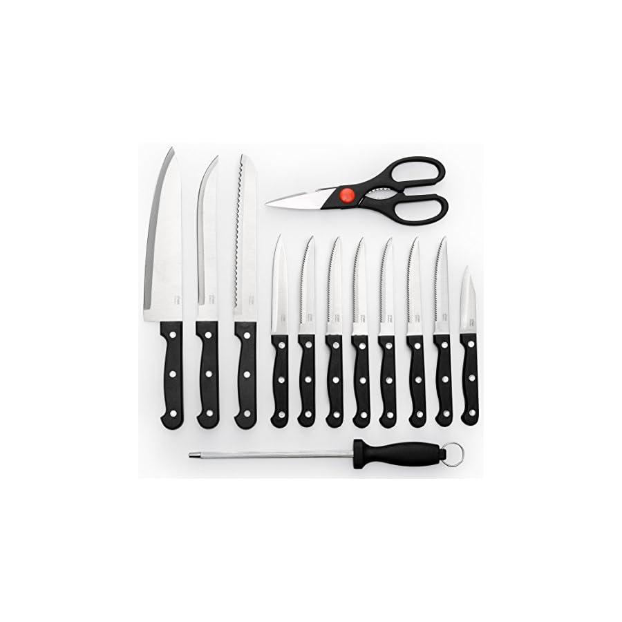 Cheer Collection 13-Piece Stainless Steel Knife Set with Wooden Block | Premium Steak, Paring, Carving, and Butcher Knives with Kitchen Shears | Razor Sharp, Ergonomic Grip