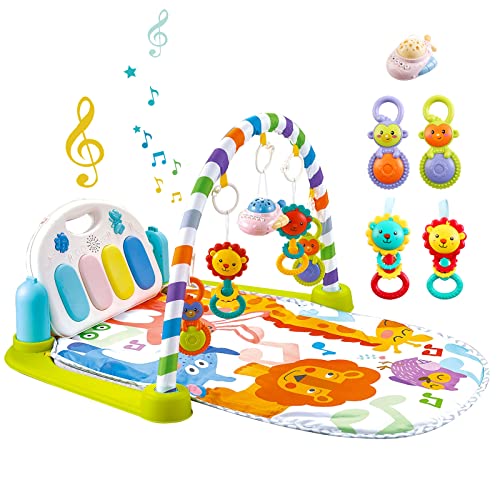 deAO Tapis de Jeu pour Enfants Centre d'activités pour bébé Comprenant Piano, projecteur, hochets Mobiles, Fonction Bluetooth, lumières et Sons