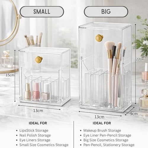 Image of KiZY Luxury Clear Acrylic Lipsstic Nail Polish Makeup Brush Organizer | Elegant Multi-Compartment Makeup & Desk Storage Box for Vanity or Office (Combo)