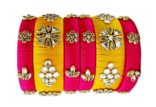 Silk Thread Bangles Designer Beautiiful Kundan Bangle Set - Rani Pink and Yellow2