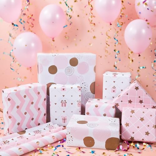 Pink Birthday Wrapping Paper Roll,4 Rolls Pink Gift Wrapping Paper,Girls Gift Wrap paper for Birthday,Party,Baby Shower, Wedding,Mother's Day,Christmas,Festive Decorations,43cm x 3M - Image 5