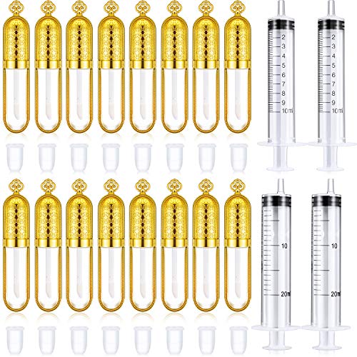 16 Pieces Plastic Lip Gloss Tube with Gold Lid Refillable Lip Balm Bottle Empty Lip Gloss Bottle Container 3 ml with 4 Pieces Plastic Syringe Measuring Syringe Tool for Lipstick, Cosmetic, Toiletry
