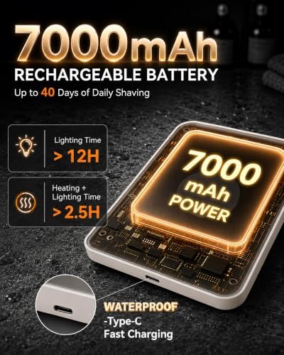 Large Battery Heated Shower Mirror Fogless For Shaving With Light 7000mAh Fogless Mirror For Shower,Removable Magnetic Charging Travel LED Lighted Shave Anti Fog Free With Storage Tray & Razor Holder