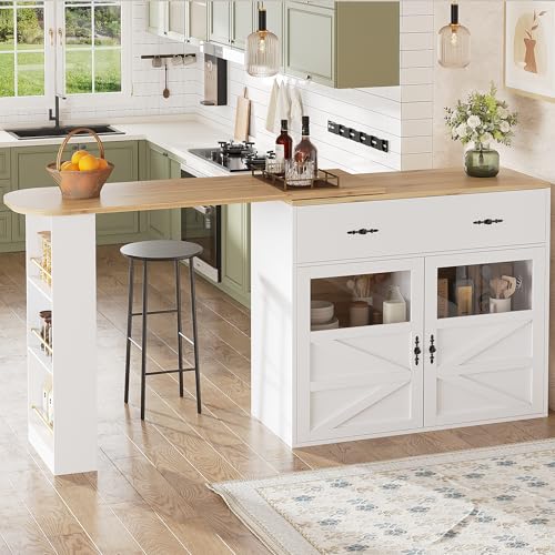 boorbin Tavolo da bar allungabile con spazio di archiviazione (138 – 204 × 39 × 104 cm), girevole a 360°, moderno tavolo da cucina, tavolo da bistro, credenza con ripiani (bianco)