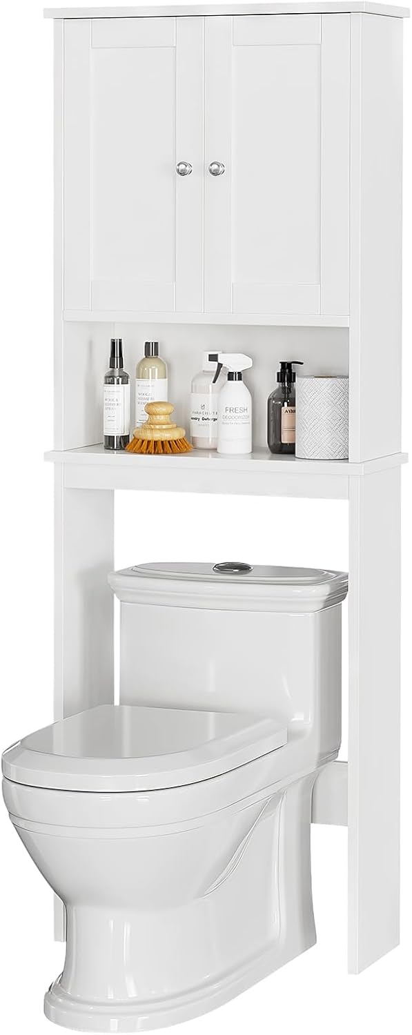 Meilocar Over the Toilet Storage Cabinet, Bathroom Storage Organizer Over Toilet, Space Saver W/Adjustable Shelf & Open Shelf, White