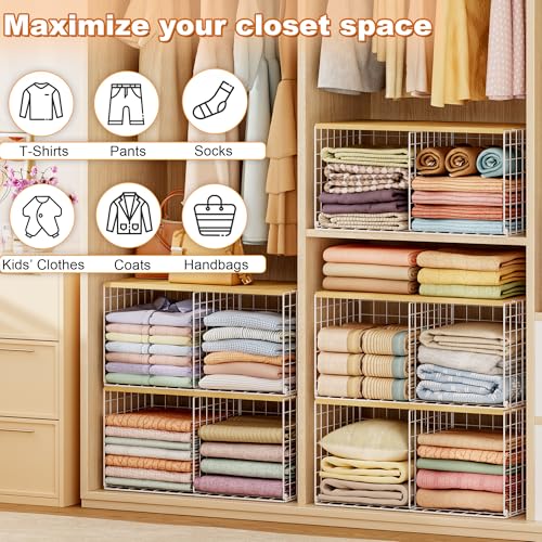 2 Pack Stackable Closet Organizers and Storage, 4 Cube Closet Shelves with Wood Top Board for Extra Clothes Storage, Small Metal Closet Shelf Organizer Bins Baskets for Sweater Sweatshirt Jeans, White by Yuyetuyo - Used condition - Image 6