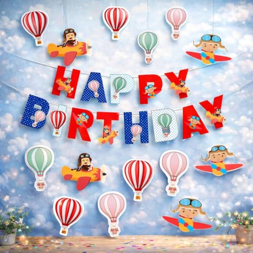 Image of Airplane Happy Birthday Banner for Kids Party, Aeroplane and Hot Air Balloon Decoration for Boys and Astonaut Baby Celebration, Wall Hanging Space Birthday Banner for Home(Pack of 1)