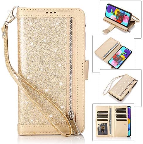 EYZUTAK Wallet Case for Samsung Galaxy A51,Magnetic Handbag Zipper Pocket PU Leather Flip with 9 Card Slots and Wrist Strap Folio TPU Inner Stand Case for Samsung Galaxy A51 - Rose Gold