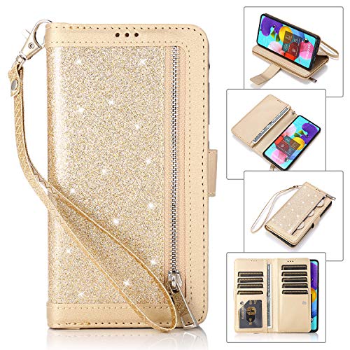 EYZUTAK Cartera para Samsung Galaxy S21 FE Case, funda de piel sintética de poliuretano termoplástico con cremallera y 9 ranuras para tarjetas, cierre magnético dorado Cover
