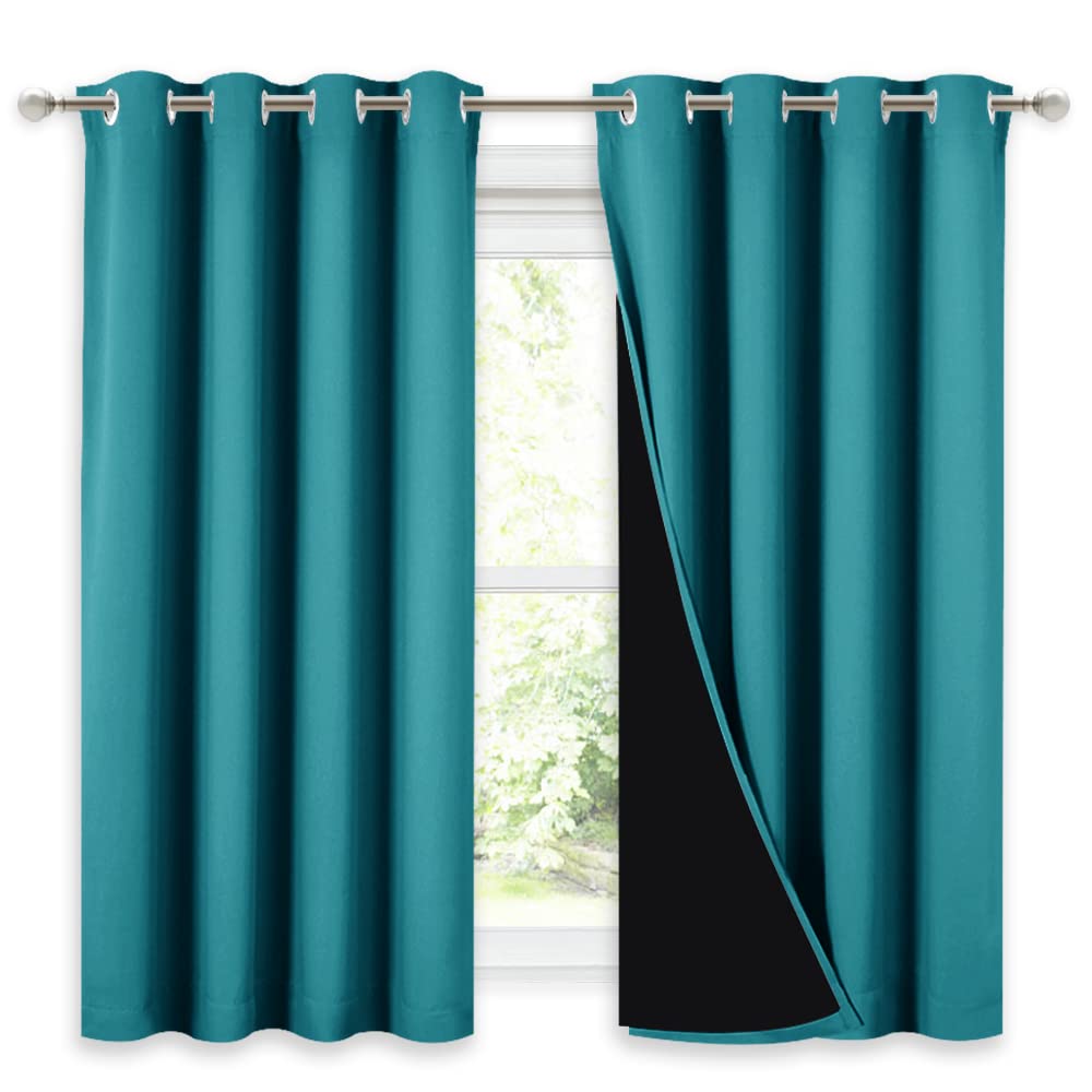 NICETOWN 100% Blackout Curtains 54 inches Long, Double-Deck Completely Blackout Window Treatment Thermal Insulated Lined Drapes for Small Window (Peacock Teal, 1 Pair, 52 inches Width Each Panel)