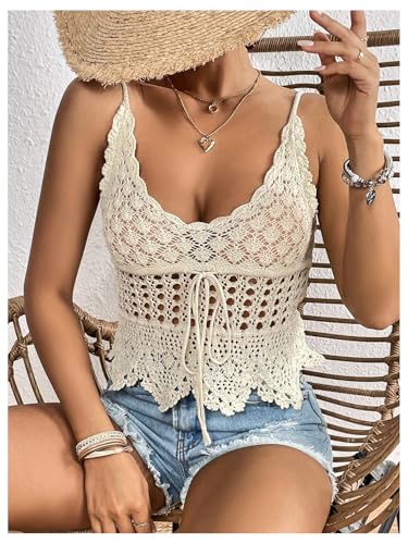 OYOANGLE Women's Scoop Neck Hollow Out Cami Tops Sleeveless Asymmetrical Tie Front Crochet Top3