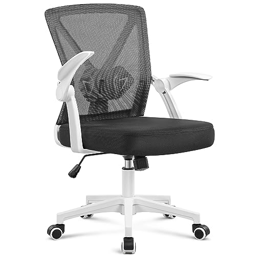 Yaheetech Office Desk Chair Ergonomic Computer Chair Adjustable Executive Task Chair Work Chair with Lumbar Support Flip up Armrests and Comfy Seat Cushion for Home Office Study, White