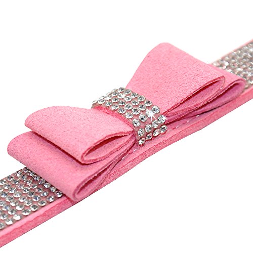 Beirui Rhinestone Bling Leather Dog Collar And Leash Set - Soft Flocking Sparkly Crystal Diamonds Studded - Cute Double Bowknot Collar With 4 Foot Leash For Pet Show,Pink,Neck Fit 8-10" #TOP2