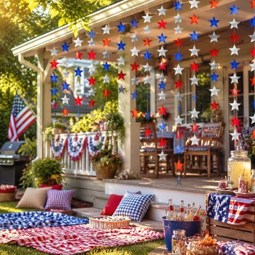Image of Glitter Star Garland Banner Decor 130 Feet Star Garland Hanging Bunting Banner Backdrop for Independence Day 4th of July Decorations Party(Red Blue Silver)