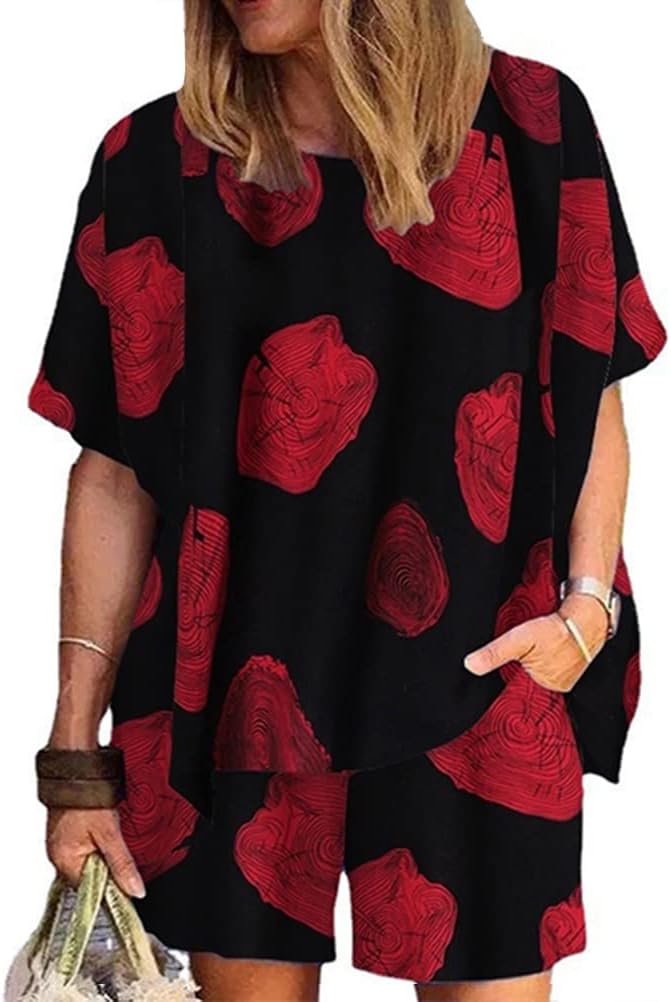 ORANDESIGNE Ensemble Femme 2 Pièces Été Chic Bohème - Tee Shirt Manches Courtes + Short Imprimé Streetwear