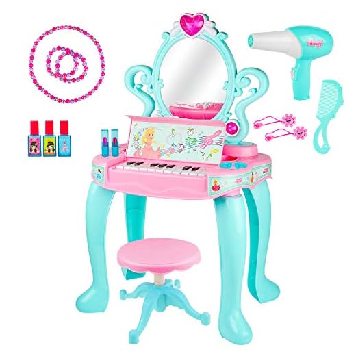 Kiddie Play Pretend Play Kids Vanity Table and Beauty Play Set with Piano, Chair and Fashion Makeup Accessories for Girls