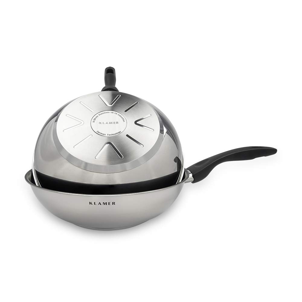 KLAMER Edelstahl Wokpfanne Induktion 28 cm, hochwertige Profi Edelstahlpfanne, Induktionspfanne antihaftbeschichtet, backofenfest & spülmaschinengeeignet