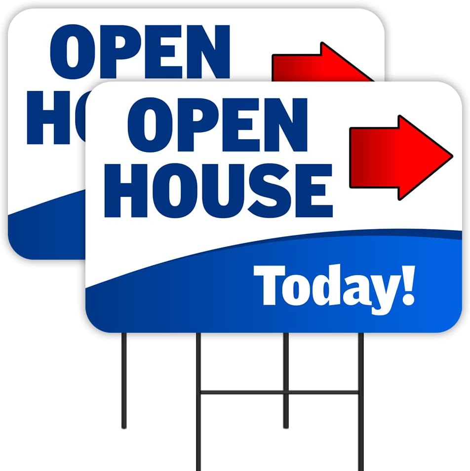 OPEN HOUSE TODAY (Arrow) 2 Pack Double-Sided Yard Signs 16" x 24" with Metal Stakes (Made in the USA)