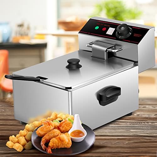 TANGZON 2500W Electric Deep Fat Fryer, 6L Stainless Steel Fryers with 60-200°C Adjustable Temperature, Safety Cut-Out, Easy Clean Removable Basket, Lid & Non-Slip Feet, for Home Commercial Countertop