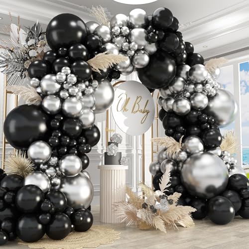 Image of 412Pcs Black and Silver Balloons Arch Kit, Latex Balloons Different Sizes 18 12 10 5 Inch for Birthday, Wedding, Graduation, Anniversary Decorations
