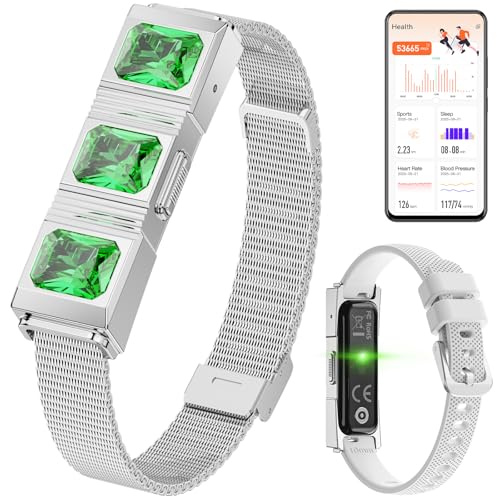 Mingtawn Smart-Armband für Damen, Gesundheits- und Fitness-Tracker, Schrittzähler/Blutsauerstoff/HRV/Schlaf-Tracker, modisches Smaragdarmband mit Nachrichten-/Anruferinnerung (Silber)