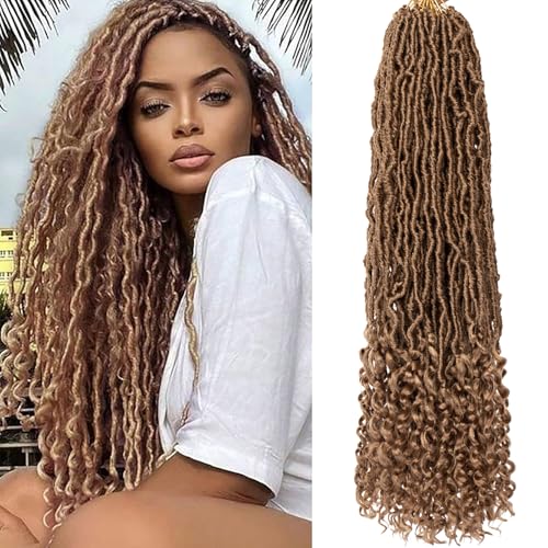 24 Inch Goddess New Faux Locs Crochet Hair With Curly Ends 7 Packs Soft Locs Crochet Braids Pre-looped Strawberry Blonde Goddess Locs Curly Wavy Synthetic Nu Locs for Women (12Strands/pack 27)
