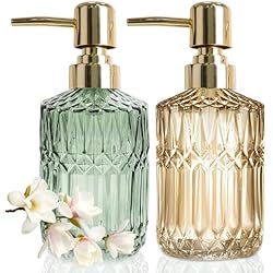 Dosificador Jabon Vintage JINYOMFLY Dispensador Jabon Baño Vidrio, Verde Oro Rosa Dispensador Jabon de Cristal, 390 ML Dispensador Jabón Cocina, Vintage Dispensador Gel y Champu Ducha, Lote de 2