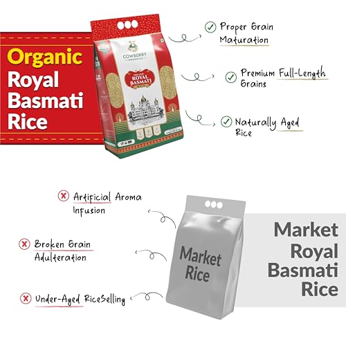 Image of COWBERRY Organic Royal Basmati Rice /Extra Long Grain 5 kg, Aged 2 Years Premium 18-20mm Cooked | NPOP India, NOP USDA, EU Organic Certified | Lab-Tested 252+ Chemicals & Glyphosate Free
