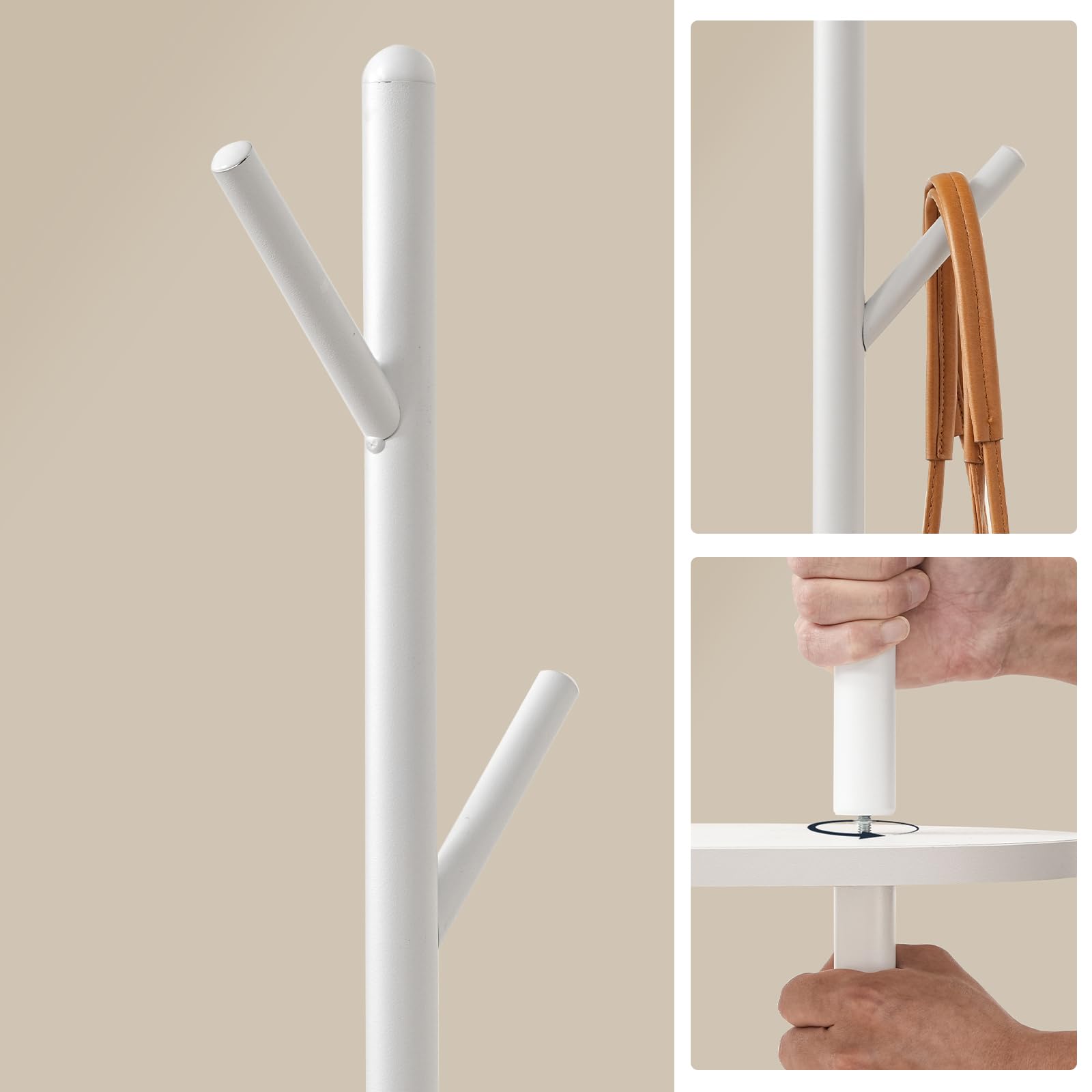 HOOBRO Perchero con 4 Ganchos, Perchero de Pie para Entrada con 2 Estantes, Colgador para Ropa, Sombreros y Bolsos, Adecuado para Dormitorio, Sala y Pasillo, Blanco EWT50YM01