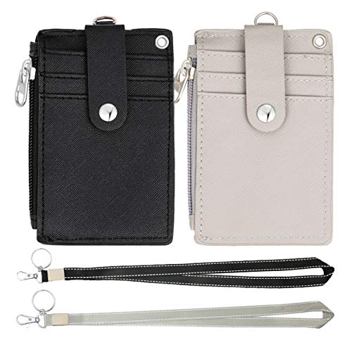 Image of 2 Pack ID Badge Holder with Lanyard,2 Sided 5 Card Slots ID Card Holder Wallet with PU Leather Zipper Pocket and Detachable Keychain Lanyard for Teens Men Women(Black & Gray)